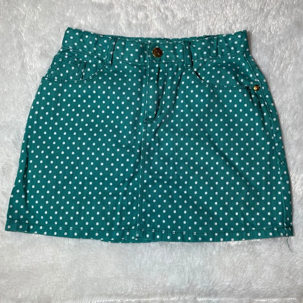 Gymboree Girls Cotton Teal Green Polka Dot Denim Mini Skirt Sz 8 Twee Indie Kid